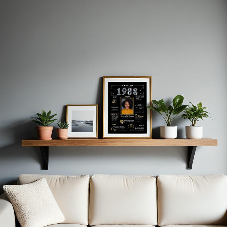 Add a touch of 1988 charm to any room with our Back in 1988 birthday printable poster. Perfect for a family room or office, its retro design draws attention and sparks conversation. Personalized with a name, birth date, and photo, it brings a meaningful and heartfelt element to your décor.