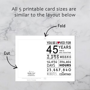 The 45th birthday card template provides clear guidelines for cutting and folding after printing. This consistent layout ensures ease of use across all five sizes.