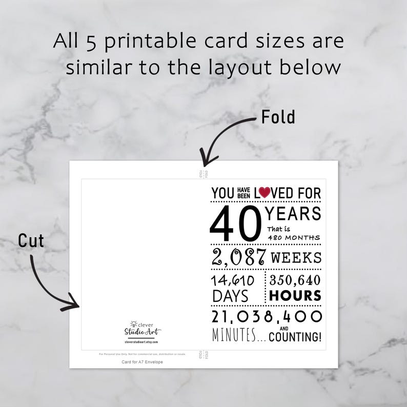 The 40th birthday card template provides clear guidelines for cutting and folding after printing. This consistent layout ensures ease of use across all five sizes.