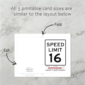 The 16th Birthday Speed Limit Card template includes clear guidelines for cutting and folding after printing. This consistent layout ensures ease of use across all five sizes.