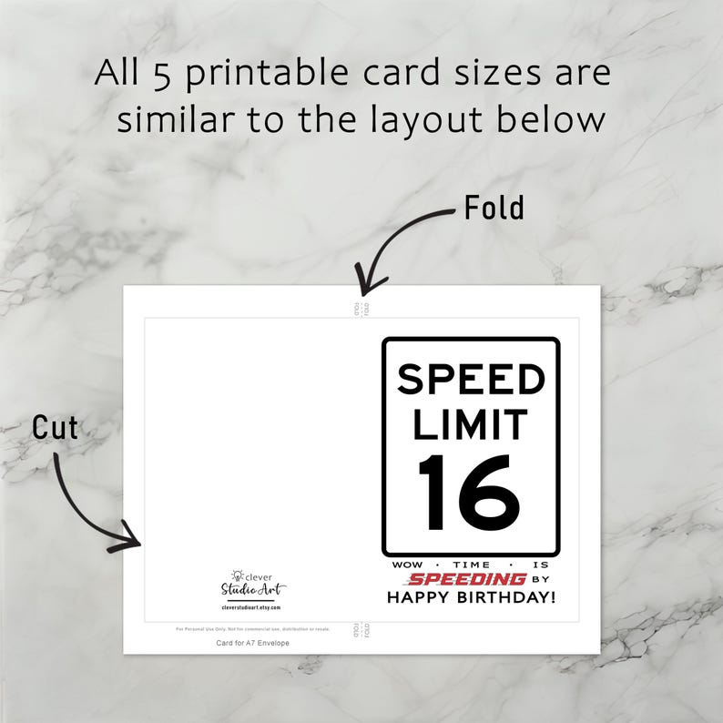 The 16th Birthday Speed Limit Card template includes clear guidelines for cutting and folding after printing. This consistent layout ensures ease of use across all five sizes.