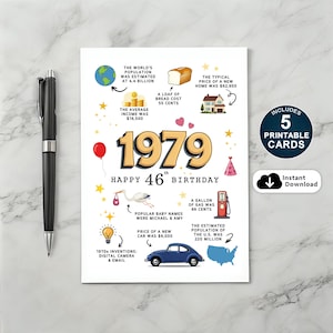 46e verjaardagskaart, geboren in 1979 afdrukbaar, 46e verjaardagscadeau voor man, vrouw, zus, broer, kaart 1979 leuke weetjes, Instant Download