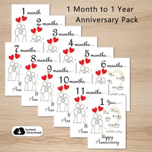 Kaartenpakket 1 maand tot en met 1 jaar (12 afdrukbare kaarten) voor vrouw, echtgenoot, vriendin of vriend