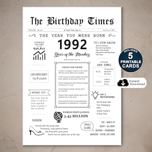 Cartão de feliz aniversário de 33 anos, cartão de aniversário para impressão para 33º aniversário, presente de nascido em 1992 para ele ou ela, DOWNLOAD INSTANTÂNEO