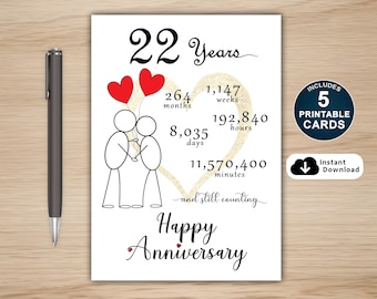 22nd Anniversary Card, Stick Figure Couple (Printable PDF)