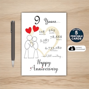 Tarjeta del noveno aniversario, tarjeta imprimible del noveno aniversario, tarjeta del noveno aniversario, tarjeta de aniversario para él