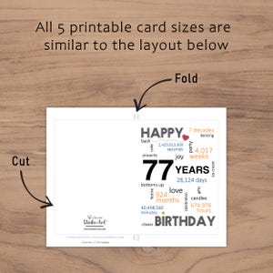 The 77th birthday card template provides clear guidelines for cutting and folding after printing. This consistent layout ensures ease of use across all five sizes.