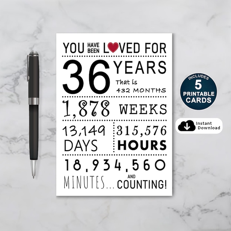 Make a 36th birthday unforgettable with our exclusive birthday card collection, available in five popular sizes. Instantly download your favorite design and add a special touch to your loved one's birthday.