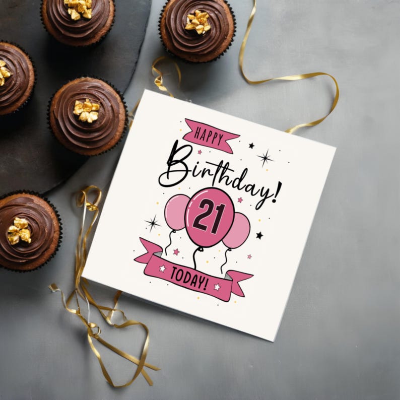 Celebrate their 21st birthday with our elegant Happy 21st Birthday card, beautifully presented next to chocolate cupcakes.