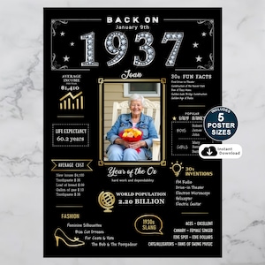 Celebrate 1937 with a personalized birthday poster! Featuring fun facts, pop culture, major events, and trends from the year, customized with their name, birth date, and photo for a one-of-a-kind keepsake.