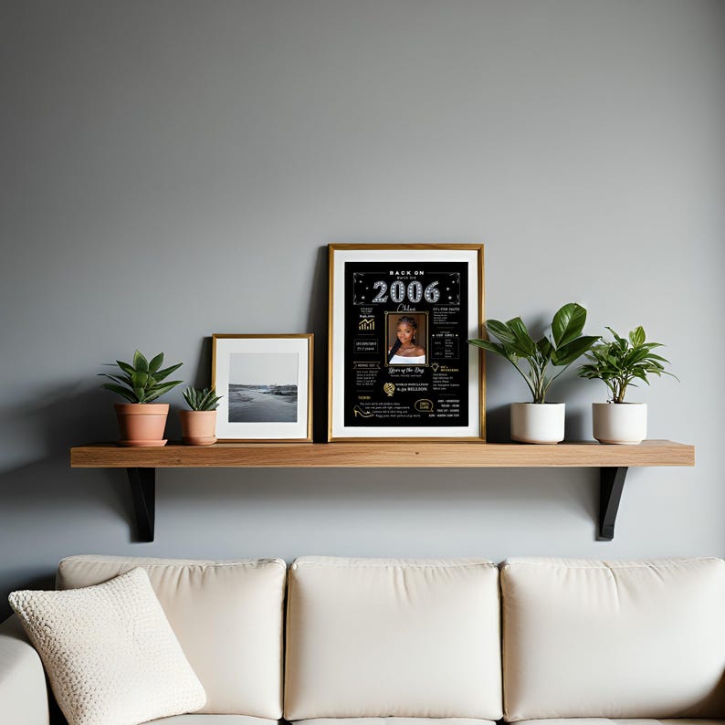 Elevate any space with the delightful charm of 2006 using our Back in 2006 birthday printable poster. Whether in a family room or any setting, its vintage allure grabs attention and sparks conversation. Personalized with a name, date of birth, and photo, it adds a meaningful and nostalgic touch to the ambiance.