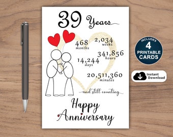 39th Anniversary Card, Printable 39th Anniversary Card, 39 Year Anniversary Card, Anniversary Card For Him