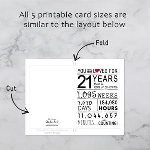 The 21st birthday card template provides clear guidelines for cutting and folding after printing. This consistent layout ensures ease of use across all five sizes.