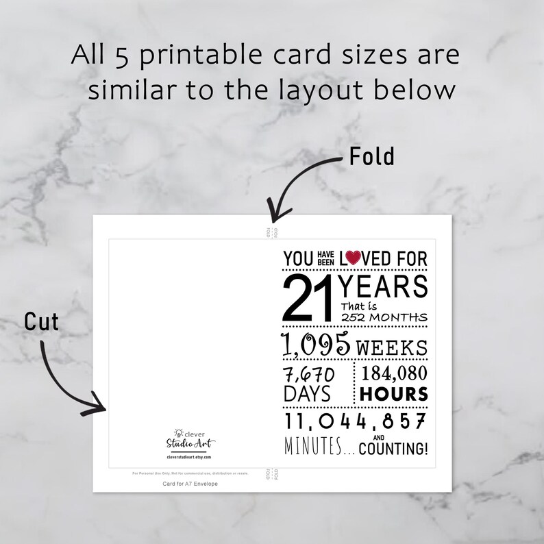 The 21st birthday card template provides clear guidelines for cutting and folding after printing. This consistent layout ensures ease of use across all five sizes.