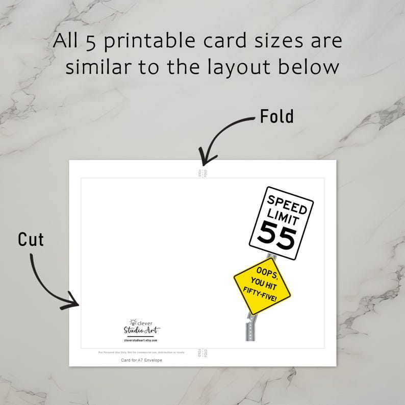 The 55th Birthday Card template includes clear guidelines for cutting and folding after printing. This consistent layout ensures ease of use across all five sizes.