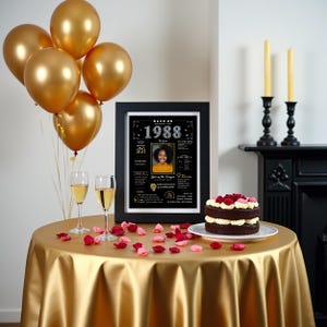 Experience the charm of our custom 1988 birthday printable poster.  features fascinating details about the year, including major events, pop culture, fashion trends, and fun facts. It is an ideal centerpiece for any 1988-themed birthday party or celebration. Display it on a table, hang it on a wall, or frame it as a keepsake to cherish for years to come. You can personalize it with a name, birth date, and photo to make the occasion even more special.