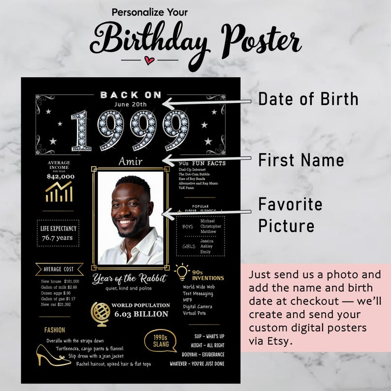 Available in five sizes and ready for instant download, our custom 1999 birthday printable is perfect for any celebration or space. Whether you’re decorating a party, adding a nostalgic touch to your home, or creating a memorable keepsake, you can personalize it with a name, birth date, and photo to make it truly unique.