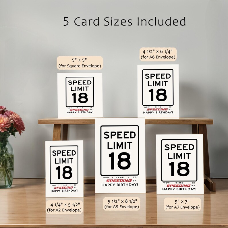 Celebrate their 18th with our printable Speed Limit Birthday Card, available in 5 popular birthday card sizes. Instantly download and choose the perfect design to make their birthday truly memorable.