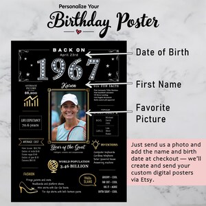 Available in 5 sizes for instant download, our 1967 birthday poster adds retro charm to any celebration or space. Personalize with a name, birth date, and photo for a unique keepsake.