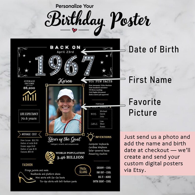 Available in 5 sizes for instant download, our 1967 birthday poster adds retro charm to any celebration or space. Personalize with a name, birth date, and photo for a unique keepsake.