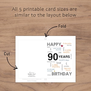 The 90th birthday card template provides clear guidelines for cutting and folding after printing. This consistent layout ensures ease of use across all five sizes.