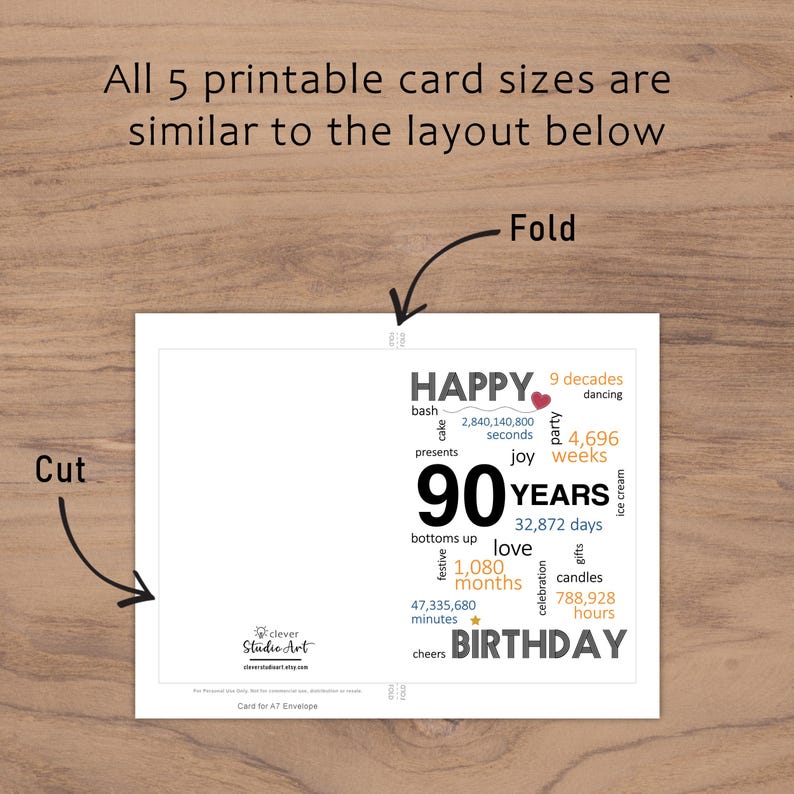 The 90th birthday card template provides clear guidelines for cutting and folding after printing. This consistent layout ensures ease of use across all five sizes.
