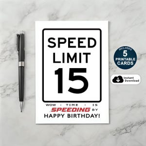 15e verjaardagskaart, verjaardagskaart maximumsnelheid, grappige 15e verjaardagskaart, afdrukbare verjaardagskaart