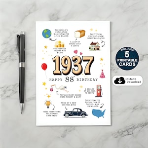 Biglietto d'auguri per l'88° compleanno, nato nel 1937, stampabile, regalo per l'88° compleanno di papà, mamma, nonna, nonno, biglietto con curiosità sul 1937, download immediato