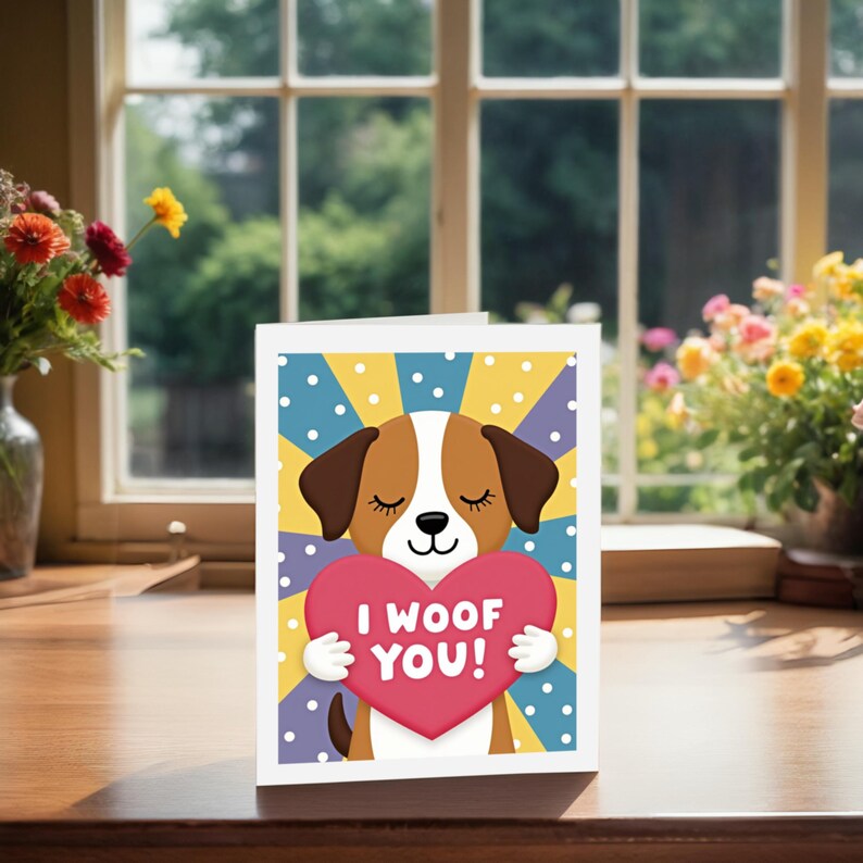 Sweet dog Valentine card displayed next to treats. The front shows a friendly puppy holding a heart with the message I Woof You on a bright and cheerful background.