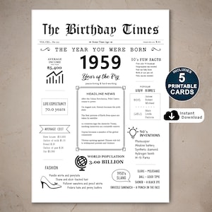 Cartão de feliz aniversário de 66 anos, cartão de aniversário para impressão para o 66º aniversário, nascido em 1959, presente para mãe, pai, avó ou avô, download instantâneo