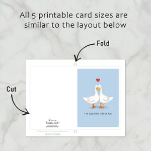 The Ducks in Love Anniversary Card template includes clear cutting and folding guidelines after printing. This consistent layout ensures ease of use across all five sizes.