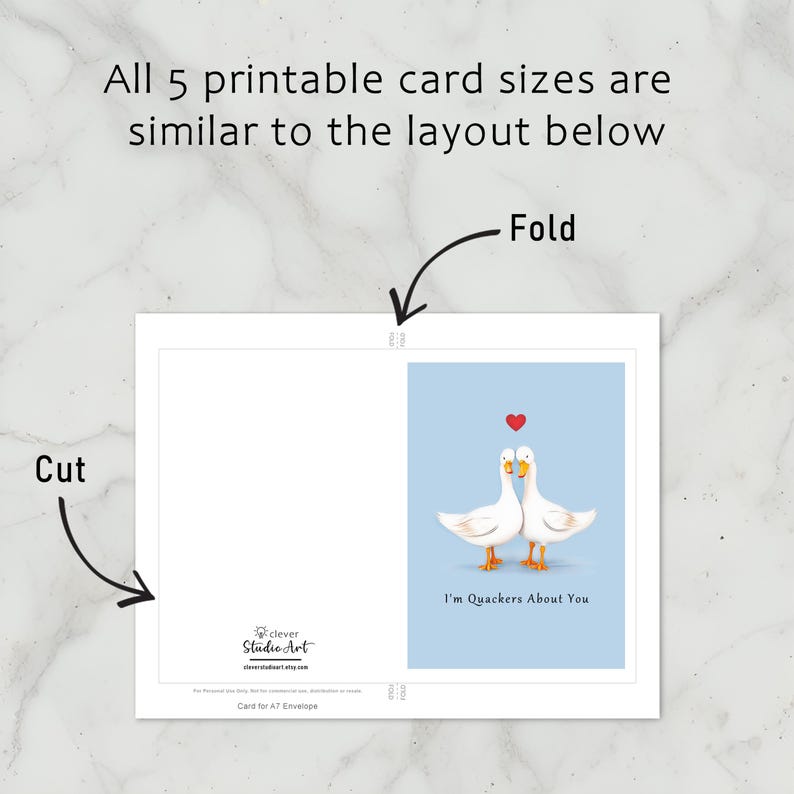The Ducks in Love Anniversary Card template includes clear cutting and folding guidelines after printing. This consistent layout ensures ease of use across all five sizes.