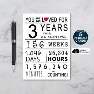 3歳の誕生日カード、印刷可能な誕生日カード、3年間愛されてきました、娘または息子への3歳の誕生日カード