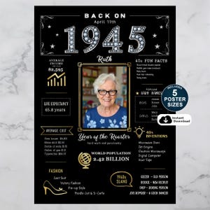Celebrate 1945 with a personalized birthday poster! Packed with fun facts, pop culture, major events, and trends from the year, it’s a nostalgic keepsake made special with their name, birth date, and photo.