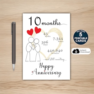 Biglietto di auguri per il decimo anniversario stampabile, biglietto di auguri per l'anniversario stampabile, biglietto di auguri per il decimo anniversario