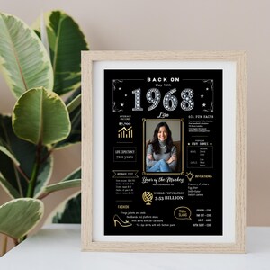 Our custom 5x7 1968 birthday poster is ideal for framing and displaying on a desk, shelf, or workspace—at home or in the office. It brings vintage 1968 charm while honoring a special moment in time. Add a name, birth date, and photo for a unique keepsake they’ll treasure.