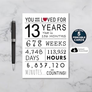 Cartão de aniversário de 13 anos, cartão de aniversário para impressão, você foi amado por 13 anos, cartão de aniversário de 13 anos para filha ou filho