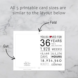 The 36th birthday card template provides clear guidelines for cutting and folding after printing. This consistent layout ensures ease of use across all five sizes.