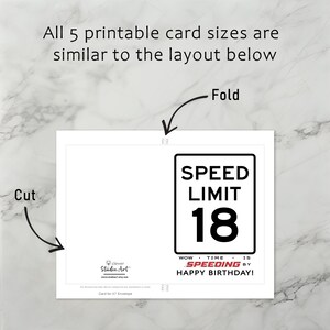 The 18th Birthday Speed Limit Card template includes clear guidelines for cutting and folding after printing. This consistent layout ensures ease of use across all 5 birthday card sizes.