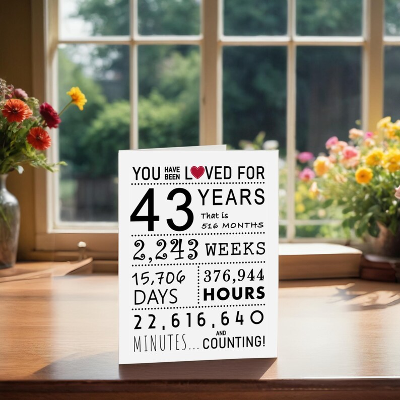 Celebrate their 43rd birthday with an enchanting card on a table, set against a stunning floral backdrop. The card features 'You have been loved' at the top, with a tribute to their exact years, months, days, and hours of life.