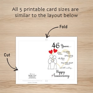 The 46 year anniversary card template includes clear guidelines for cutting and folding after printing. This consistent layout ensures ease of use across all five card sizes, making it simple and convenient to create the perfect anniversary card.