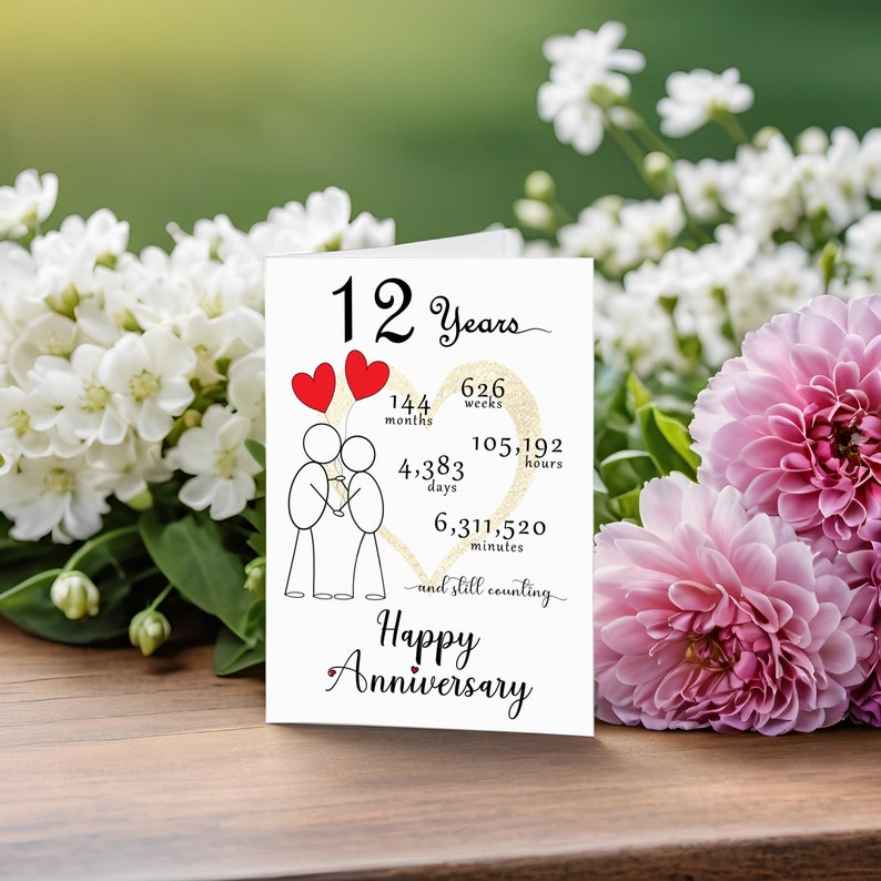 Celebrate your 12 year anniversary with an enchanting card featuring a gold heart, two intertwined heart balloons held by stick figures, and a backdrop of softly faded flowers for timeless elegance.