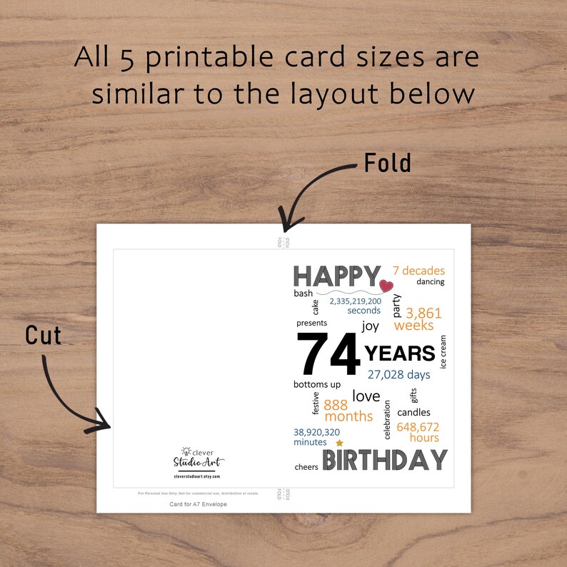 The 74th birthday card template provides clear guidelines for cutting and folding after printing. This consistent layout ensures ease of use across all five sizes.