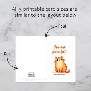 Printable Valentine greeting card that can be downloaded, printed, cut, and folded. The design shows an orange cartoon cat with the message You are purrrfect.