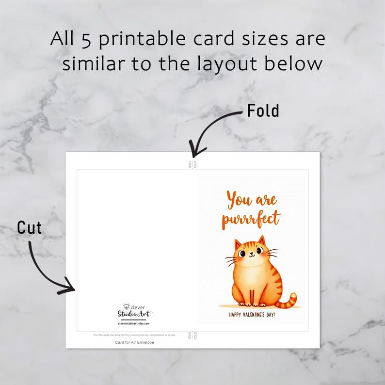 Printable Valentine greeting card that can be downloaded, printed, cut, and folded. The design shows an orange cartoon cat with the message You are purrrfect.