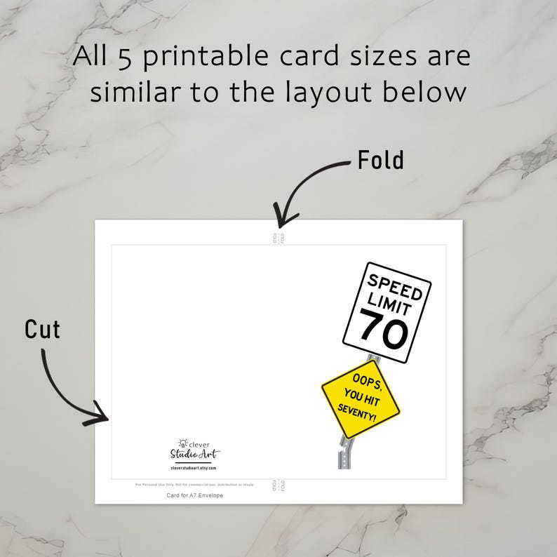 The 70th Birthday Card template includes clear guidelines for cutting and folding after printing. This consistent layout ensures ease of use across all five sizes.