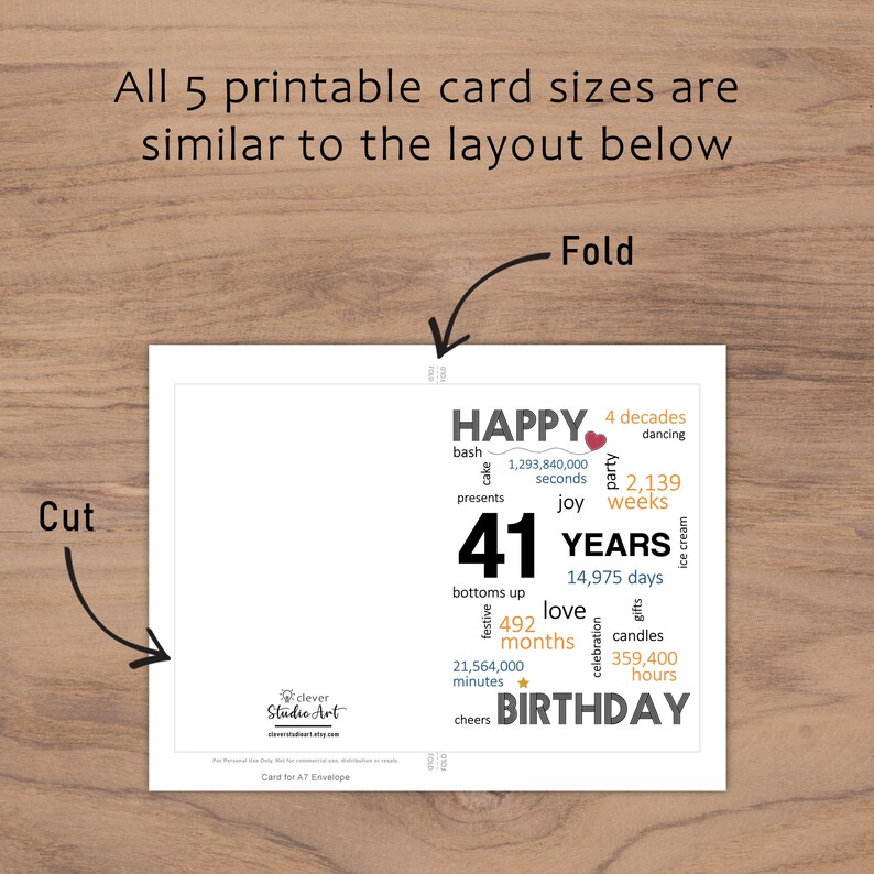 The 41st birthday card template offers clear guidelines for cutting and folding the card after printing. This consistent layout ensures ease of use across all 5 of the birthday cards.