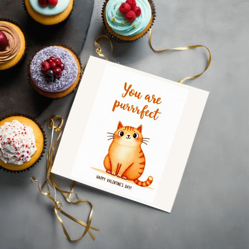 Valentine greeting card displayed next to cupcakes. The card features an orange cat illustration and the phrase You are purrrfect.