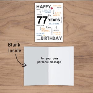 The inside of the 77th birthday printable card is intentionally blank, allowing you to pen a heartfelt message, adding a personal touch to their special birthday.