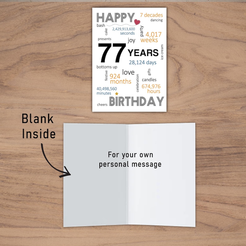The inside of the 77th birthday printable card is intentionally blank, allowing you to pen a heartfelt message, adding a personal touch to their special birthday.